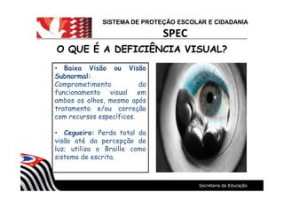 SISTEMA DE PROTEÇÃO ESCOLAR E CIDADANIA
SPEC
O QUE É A DEFICIÊNCIA VISUAL?O QUE É A DEFICIÊNCIA VISUAL?
Baixa Visão ou Visão
Subnormal:
Comprometimento do
funcionamento visual em
ambos os olhos, mesmo após
tratamento e/ou correção
com recursos específicos.
Cegueira: Perda total da
visão até da percepção de
luz; utiliza o Braille como
sistema de escrita.
 
