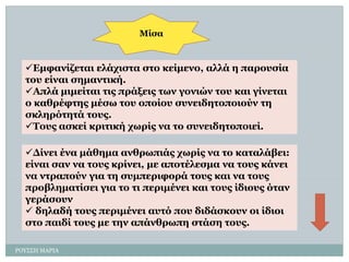 ΡΟΤ΢΢Η ΜΑΡΙΑ 
Κίζα 
Δκθαλίδεηαη ειάρηζηα ζην θείκελν, αιιά ε παξνπζία ηνπ είλαη ζεκαληηθή. 
Απιά κηκείηαη ηηο πξάμεηο ησλ γνληώλ ηνπ θαη γίλεηαη ν θαζξέθηεο κέζσ ηνπ νπνίνπ ζπλεηδεηνπνηνύλ ηε ζθιεξόηεηά ηνπο. 
Σνπο αζθεί θξηηηθή ρσξίο λα ην ζπλεηδεηνπνηεί. 
Γίλεη έλα κάζεκα αλζξσπηάο ρσξίο λα ην θαηαιάβεη: είλαη ζαλ λα ηνπο θξίλεη, κε απνηέιεζκα λα ηνπο θάλεη λα ληξαπνύλ γηα ηε ζπκπεξηθνξά ηνπο θαη λα ηνπο πξνβιεκαηίζεη γηα ην ηη πεξηκέλεη θαη ηνπο ίδηνπο όηαλ γεξάζνπλ 
δειαδή ηνπο πεξηκέλεη απηό πνπ δηδάζθνπλ νη ίδηνη ζην παηδί ηνπο κε ηελ απάλζξσπε ζηάζε ηνπο.  