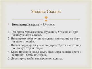 Зидање Скадра 
 
 Композиција песме у 15 слика: 
1. Три брата Мрњавчевића, Вукашин, Угљеша и Гојко 
почињу зидати Скадар. 
2. Вила преко ноћи руши назидано; три године не могу 
ни темељ подићи. 
3. Вила и поручује да у темеље уграде брата и сестрицу 
по имену Стоја и Стојан. 
4. Краљ Вукашин шаље слугу Десимира да нађе брата и 
сестрицу - Стоју и Стојана. 
5. Десимир се враћа неизвршеног задатка. 
 
