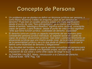 Concepto de PersonaConcepto de Persona
 Un problema que se plantea es definir en términos jurídicos ser persona, oUn problema que se plantea es definir en términos jurídicos ser persona, o
como Mario Alzamora Valdez se pregunta ¿Qué es ser persona encomo Mario Alzamora Valdez se pregunta ¿Qué es ser persona en
derecho? Pues bien el vocablo persona posee una triple significación:derecho? Pues bien el vocablo persona posee una triple significación:
desde el punto de vista “fisio-antropológico” es lo mismo que hombre;desde el punto de vista “fisio-antropológico” es lo mismo que hombre;
desde el sentido “teleológico-filosófico” significa entre racional, consciente,desde el sentido “teleológico-filosófico” significa entre racional, consciente,
capaz de querer; y para finalizar, desde el punto de vista jurídico significacapaz de querer; y para finalizar, desde el punto de vista jurídico significa
“ente que tiene función jurídica, cualidades de derecho, capacidad”.“ente que tiene función jurídica, cualidades de derecho, capacidad”.
 El derecho toma en cuenta un aspecto importante del ser humano paraEl derecho toma en cuenta un aspecto importante del ser humano para
considerarlo persona jurídica individual, su aspecto social en cuanto esconsiderarlo persona jurídica individual, su aspecto social en cuanto es
capaz de producir situaciones jurídicas; “ese estar y ponerse libremente encapaz de producir situaciones jurídicas; “ese estar y ponerse libremente en
situaciones jurídicas que uno mismo puede crear, es la primera dimensiónsituaciones jurídicas que uno mismo puede crear, es la primera dimensión
de la personalidad jurídica y es a lo que alude el clásico concepto que lade la personalidad jurídica y es a lo que alude el clásico concepto que la
define como titularidad de derecho y obligaciones”.define como titularidad de derecho y obligaciones”.
 Esta facultad del hombre, es lo que le permite convertirse en persona paraEsta facultad del hombre, es lo que le permite convertirse en persona para
el Derecho; ya que obtiene una dignidad propia, en tanto que es centro deel Derecho; ya que obtiene una dignidad propia, en tanto que es centro de
imputación de sus actos y como ente capaz de exigir lo suyo.imputación de sus actos y como ente capaz de exigir lo suyo.
 ALZAMORA VALDEZ, Mario.ALZAMORA VALDEZ, Mario. Introducción a la Ciencia del Derecho,Introducción a la Ciencia del Derecho,
Editorial Eoldi.Editorial Eoldi. 19781978. Pág. 130. Pág. 130
 