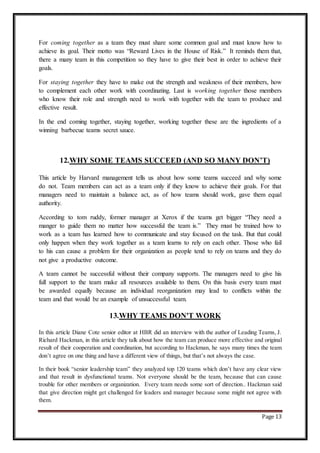 Page 13
For coming together as a team they must share some common goal and must know how to
achieve its goal. Their motto was “Reward Lives in the House of Risk.” It reminds them that,
there a many team in this competition so they have to give their best in order to achieve their
goals.
For staying together they have to make out the strength and weakness of their members, how
to complement each other work with coordinating. Last is working together those members
who know their role and strength need to work with together with the team to produce and
effective result.
In the end coming together, staying together, working together these are the ingredients of a
winning barbecue teams secret sauce.
12.WHY SOME TEAMS SUCCEED (AND SO MANY DON’T)
This article by Harvard management tells us about how some teams succeed and why some
do not. Team members can act as a team only if they know to achieve their goals. For that
managers need to maintain a balance act, as of how teams should work, gave them equal
authority.
According to tom ruddy, former manager at Xerox if the teams get bigger “They need a
manger to guide them no matter how successful the team is.” They must be trained how to
work as a team has learned how to communicate and stay focused on the task. But that could
only happen when they work together as a team learns to rely on each other. Those who fail
to his can cause a problem for their organization as people tend to rely on teams and they do
not give a productive outcome.
A team cannot be successful without their company supports. The managers need to give his
full support to the team make all resources available to them. On this basis every team must
be awarded equally because an individual reorganization may lead to conflicts within the
team and that would be an example of unsuccessful team.
13.WHY TEAMS DON'T WORK
In this article Diane Cote senior editor at HBR did an interview with the author of Leading Teams, J.
Richard Hackman, in this article they talk about how the team can produce more effective and original
result of their cooperation and coordination, but according to Hackman, he says many times the team
don’t agree on one thing and have a different view of things, but that’s not always the case.
In their book “senior leadership team” they analyzed top 120 teams which don’t have any clear view
and that result in dysfunctional teams. Not everyone should be the team, because that can cause
trouble for other members or organization. Every team needs some sort of direction.. Hackman said
that give direction might get challenged for leaders and manager because some might not agree with
them.
 