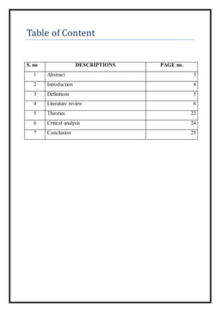 Table of Content
S. no DESCRIPTIONS PAGE no.
1 Abstract 3
2 Introduction 4
3 Definitions 5
4 Literature review 6
5 Theories 22
6 Critical analysis 24
7 Conclusion 25
 