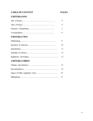 4
TABLE OF CONTENT PAGES
CRITERIAONE
Title of Project……………………………………………… 5
Aims of Project…………………………………………….. 6
Functions of Department…………………………………… 7
Correspondence……………………………………………. 8
CRITERIATWO
Methodology………………………………………………….. 9
Questions for Interview………………………………………. 10
Questionnaire…………………………………………………… 11
Schedule of Activities…………………………………………… 12
Regulations and Policies………………………………………….. 13
CRITERIATHREE
Findings and Limitation………………………………………… 14
Recommendation………………………………………………… 15
Impact of Office Equipment Used………………………………. 16
Bibliography………………………………………………………. 17
 