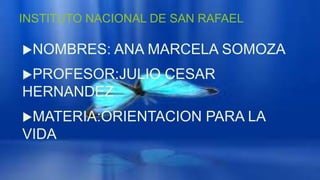 INSTITUTO NACIONAL DE SAN RAFAEL
NOMBRES: ANA MARCELA SOMOZA
PROFESOR:JULIO CESAR
HERNANDEZ
MATERIA:ORIENTACION PARA LA
VIDA
 