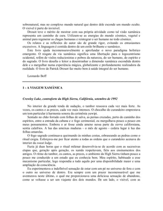 sobrenatural, mas no complexo mundo natural que dentro dele esconde um mundo oculto.
O visível é parte do invisível.
Drouot teve o mérito de mostrar com sua própria atividade como tal visão xamânica
representa um caminho de cura. Utilizam-se as energias do mundo cósmico, vegetal e
animal para regenerar as chagas humanas e reintegrar o ser humano no todo cósmico.
Os relatos e as reflexões do autor são de grande rigor, evitando os entusiasmos
excessivos. A linguagem é contida dentro de um estilo brilhante e xamânico.
Este livro ajuda incomensuravelmente a aprofundar o novo paradigma holístico
emergente. O resgate da via xamânica significa uma libertação para o logocentrismo
ocidental, refém de visões reducionistas e pobres da natureza, do ser humano, do espírito e
do sagrado. O livro desafia o leitor a desentranhar a dimensão xamânica escondida dentro
dele e a mergulhar numa experiência mágica, globalizante e profundamente realizadora da
realidade. O livro de Patrick Drouot faz muito bem à saúde integral do ser humano.
Leonardo Boff
1 - A VIAGEM XAMÂNICA
Crowley Lake, contraforte da High Sierra, Califórnia, setembro de 1992
No interior da grande tenda de sudação, o tambor ressoava cada vez mais forte. As
vozes, os cantos e as preces, cada vez mais intensos. O chocalho do curandeiro emprestava
um tom particular à harmonia sonora da cerimônia yuwipi.
Sentado no chão forrado com folhas de salva, as pernas cruzadas, perto do caminho dos
espíritos, entre a entrada da cabana e o fogo cerimonial, eu mergulhava pouco a pouco em
meus pensamentos. Embora o ar fosse ainda ameno nessa parte da sierra californiana,
sentia calafrios. A lua das ameixas maduras - o mês de agosto - cedera lugar à lua das
folhas amarelas.
O fogo sagrado continuava queimando às minhas costas, esbraseando as pedras como o
ritual exigia. Esforçava-me por ficar atento a todas as ordens que o curandeiro acenava do
interior da sweat lodge.
Fazia já duas horas que o ritual milenar desenvolvia-se de acordo com as sucessivas
etapas que, geração após geração, os xamãs respeitavam, fiéis aos ensinamentos dos
antigos. O ritmo do tambor, os cantos, as preces, o ambiente da High Sierra tinham pouco a
pouco me conduzido a um estado que eu conhecia bem. Meu espírito, habituado a esse
mecanismo particular, logo respondia a tudo aquilo por uma disponibilidade maior e uma
ampliação da consciência.
Eu experimentava a indefinível sensação de estar com um pé no universo de fora e com
o outro no universo de dentro. Era sempre com um prazer incomensurável que me
aventurava neste último, o qual me proporcionava uma deliciosa sensação de abandono,
como se voltasse a ser um viajante dos dois mundos. De um lado, o visível, com as
 