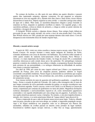 No começo da kachina, os clãs saem de suas aldeias nas quatro direções e passam
quatro dias capturando serpentes, algumas venenosas. Os que pegaram as serpentes
encontram-se com um segundo clã e, durante dois dias claros e duas noites, trocas míticas
desenrolam-se numa kiva. Depois organiza-se uma corrida - o vencedor carrega uma cabaça
de água até a aldeia. Mais tarde, os sacerdotes-dançarinos chegam à praça trazendo as
serpentes na boca, enquanto os ajudantes recolhem os répteis. Um segundo grupo, o dos
sacerdotes-antílopes, coloca-se diante do primeiro, e chega-se então ao ponto máximo da
cerimônia: a lavagem da serpente.
O fotógrafo Wittick assistiu a algumas dessas danças. Seus amigos hopis tinham-no
prevenido de que, não sendo iniciado, ele corria o risco de uma picada fatal. Com efeito,
Ben Wittick morreu em 1903, picado por uma serpente durante uma snake dance. Com ele
desaparecia uma testemunha única do mundo original hopi...
Dinetah, o mundo místico navajo
A partir de 1983, visitei em várias ocasiões a imensa reserva navajo, entre Thba City e
Keams Canyon. Os navajos formam a maior nação indígena da América do Norte,
contando atualmente com cerca de duzentos mil habitantes. Seu território tribal estende-se
sobre quatro estados do sudoeste norte-americano (Utah, Colorado, Novo México e
Arizona - é o mais importante dos Estados Unidos. Ao longo do século XX, a comunidade
científica interessou-se pelo estudo desse povo tão particular. Os antropólogos tentaram
penetrar o mistério dos símbolos de sua cultura e religião, os psiquiatras ficaram fascinados
pela estrutura de sua personalidade, e os teólogos esbarraram na dificuldade de analisar
seus rituais e conceitos espirituais.
Em abril de 1998, por causa de uma viagem cultural que Liliane e eu organizamos,
partindo da França, para cerca de cinqüenta pessoas, pudemos admirar os hogan
coexistindo com prédios modernos. Nesses hogan se desenrolam as cerimônias que ocupam
um lugar importante em sua vida. Tais cerimônias são, com efeito, as principais expressões
do xamanismo navajo.
Esse imenso território de mais de quarenta mil quilômetros quadrados - a superfície da
Suíça - forma o coração do platô do Colorado. Ali, onde o olho estrangeiro não vê mais do
que longas extensões de relva queimada semeadas de pedras, os navajos reconhecem suas
terras ancestrais sagradas. Vastos canyons, como os de Chelly e os de Muerto (o Canyon da
morte), serpenteiam por centenas de quilômetros no meio dos platôs. Magníficas formações
rochosas alaranjadas e azul-acinzentadas erguem-se ali, como monumentos gigantescos
construídos e em seguida abandonados por uma antiga raça de gigantes. À primeira vista,
tais regiões desérticas parecem vazias e inóspitas. No entanto, o céu atrai inapelavelmente a
atenção, ele é imenso, e os norte-americanos falam de "espaço aberto" para descrevê-lo.
Temos a impressão de que a mão do homem nunca tocou nesse lugar. Todavia, olhando
mais de perto, percebe-se que esta terra abriga, na verdade, a importante população navajo.
Aqui e ali hogan aninham-se nos pequenos vales ou se debruçam nos flancos das
montanhas, rebanhos de ovelhas passam no deserto como jorrados de lugar nenhum.
Encontram-se também alguns navajos imóveis, o olhar fixo ao longe, aparentemente
 