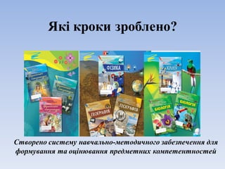 Які кроки зроблено?
Створено систему навчально-методичного забезпечення для
формування та оцінювання предметних компетентностей
 