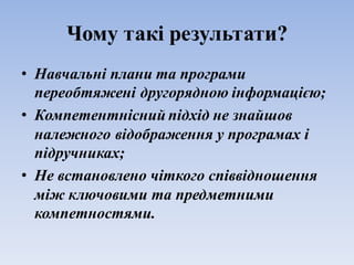 Чому такі результати?
• Навчальні плани та програми
переобтяжені другорядною інформацією;
• Компетентнісний підхід не знайшов
належного відображення у програмах і
підручниках;
• Не встановлено чіткого співвідношення
між ключовими та предметними
компетностями.
 