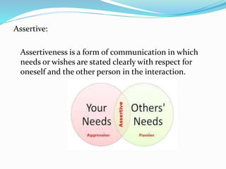 Assertive:
Assertiveness is a form of communication in which
needs or wishes are stated clearly with respect for
oneself and the other person in the interaction.
 