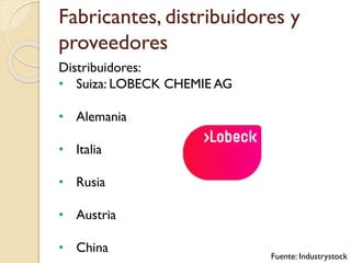 Fabricantes, distribuidores y
proveedores
Distribuidores:
• Suiza: LOBECK CHEMIE AG
• Alemania
• Italia
• Rusia
• Austria
• China
Fuente: Industrystock
 