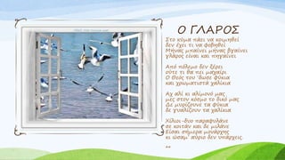 Ο ΓΛΑΡΟΣ
Στο κύμα πάει να κοιμηθεί
δεν έχει τι να φοβηθεί
Μήνας μπαίνει μήνας βγαίνει
γλάρος είναι και πηγαίνει
Από πόλεμο δεν ξέρει
ούτε τι θα πει μαχαίρι
Ο Θεός του ‘δωσε φύκια
και χρωματιστά χαλίκια
Αχ αλί κι αλίμονό μας
μες στον κόσμο το δικό μας
Δε μυρίζουνε τα φύκια
δε γυαλίζουν τα χαλίκια
Χίλιοι-δυο παραφυλάνε
σε κοιτάν και δε μιλάνε
Είσαι σήμερα μονάρχης
κι ώσαμ’ αύριο δεν υπάρχεις.
**
 