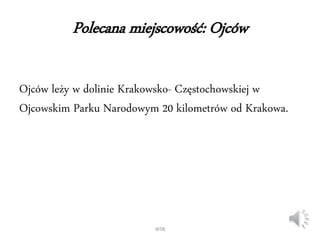 Polecana miejscowość: Ojców
Ojców leży w dolinie Krakowsko- Częstochowskiej w
Ojcowskim Parku Narodowym 20 kilometrów od Krakowa.
WSB
 