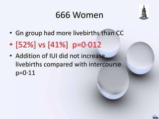 666 Women
• Gn group had more livebirths than CC
• [52%] vs [41%] p=0·012
• Addition of IUI did not increase
livebirths compared with intercourse
p=0·11
 