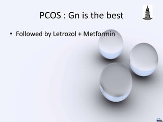 PCOS : Gn is the best
• Followed by Letrozol + Metformin
 