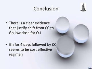 Conclusion
• There is a clear evidence
that justify shift from CC to
Gn low dose for O.I
• Gn for 4 days followed by CC
seems to be cost effective
regimen
 