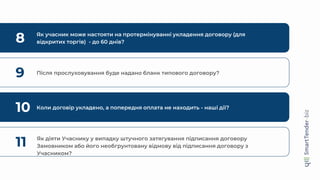 8 Як учасник може настояти на протермінуванні укладення договору (для
відкритих торгів) - до 60 днів?
9 Після прослуховування буде надано бланк типового договору?
10 Коли договір укладено, а попередня оплата не находить - наші дії?
11 Як діяти Учаснику у випадку штучного затягування підписання договору
Замовником або його необгрунтовану відмову від підписання договору з
Учасником?
 