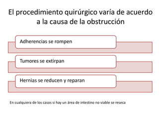 El procedimiento quirúrgico varía de acuerdo
a la causa de la obstrucción
Adherencias se rompen
Tumores se extirpan
Hernias se reducen y reparan
En cualquiera de los casos si hay un área de intestino no viable se reseca
 