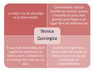 La mejor vía de abordaje
es la línea media
Conveniente realizar
incisión en incisión previa
y hacerla un poco más
grande para llegar a un
lugar libre de adherencias
El asa más distendida es el
segmento proximal a la
obstrucción, cuidado con
el manejo del resto de las
asas
Cuando el origen de la
obstrucción es simple se
libera el asa y se da por
terminado el
procedimiento
Técnica
Quirúrgica
 