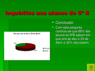Inquéritos aos alunos do 6º B Conclusão:  Com esta pergunta concluiu-se que 68% dos alunos do 6ºB sabem em que ano se deu o 25 de Abril, e 32% não sabem. 