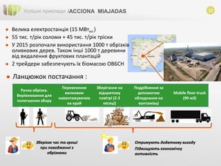 12Успішні приклади /ACCIONA MIAJADAS
 Велика електростанція (15 МВтел.)
 55 тис. т/рік соломи + 45 тис. т/рік тріски
 У 2015 розпочали використання 1000 т обрізків
оливкових дерев. Також інші 1000 т деревини
від видалення фруктових плантацій
 2 трейдери забезпечують їх біомасою ОВБСН
 Ланцюжок постачання :
Ручна обрізка.
Вирівнювання для
полегшення збору
Перевезення
вилковим
навантажувачем
на край
Зберігання на
відкритому
повітрі (2-3
місяці)
Подрібнення за
допомогою
обладнання на
вантажівці
Mobile floor truck
(90 м3)
Зберігає час та гроші
при поводженні з
обрізками
Отримують додаткову вигоду
Підвищують економічну
активність
 