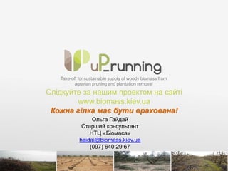 Take-off for sustainable supply of woody biomass from
agrarian pruning and plantation removal
Слідкуйте за нашим проектом на сайті
www.biomass.kiev.ua
Кожна гілка має бути врахована!
Ольга Гайдай
Старший консультант
НТЦ «Біомаса»
haidai@biomass.kiev.ua
(097) 640 29 67
 