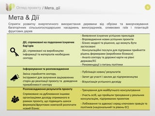 3
Мета & Дії
Огляд проекту / Мета, дії
Сприяти розвитку енергетичного використання деревини від обрізки та викорчовування
багаторічних сільськогосподарських насаджень виноградників, оливкових гаїв і плантацій
фруктових дерев
Дії, спрямовані на подолання існуючих
бар'єрів
Дії, спрямовані на виробництво
інформації та матеріалів необхідних
сектору
- Виявлення існуючих успішних прикладів
- Впровадження нових успішних проектів
- Бізнес-моделі та рішення, що можуть бути
застосовані
- Консультаційні послуги для підтримки прийняття
рішень фермерами (виробники біомаси)
- Аналіз сектору та дорожні карти на рівні
держави/ЄС
- Рекомендації з питань політики
Інформування та розповсюдження
Зміна сприйняття сектору.
Інструмент для залучення зацікавлених
сторін до реалізації проекту та доведення
привабливості сектору
- Публікація новин/ результатів
- Запит до участі і заклик до підприємництва
- Візуалізація успішного досвіду
Розповсюдження результатів проекту
Спрямоване на дублювання іншими
організаціями досвіду отриманого в
рамках проекту, що підвищить шанси
фермерів/фруктових компаній розпочати
новий бізнес
- Тренування для майбутнього консультування
- Участь осіб, що пройшли тренування у реальних
консультаціях, підтриманих проектом
- Лобіювання та адвокасі серед ключових гравців та
політиків (національний та рівень ЄС)
 