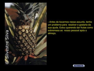 - Antes de tocarmos nesse assunto, tenho um problema para  resolver e gostaria da sua ajuda. Estou querendo dar frutas como sobremesa ao  nosso pessoal após o almoço.  
