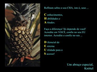 Reflitam sobre o seu CHA, isto é, seus ... C  onhecimentos, H  abilidades e A   titudes. Faça a diferença! Só depende de você! Acredite em VOCÊ, confie no seu EU interior. Acredite e confie no seu ... D  iferncial de E  xtrema U  tilidade para o S  ucesso! Um abraço especial, Knittel 