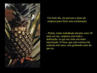 Um belo dia, ele procura o dono da  empresa para fazer uma reclamação: - Patrão, tenho trabalhado durante estes 20 anos em sua  empresa com toda a dedicação, só que me sinto um tanto injustiçado. O Juca, que está conosco há somente três anos, está ganhando mais do que eu. 