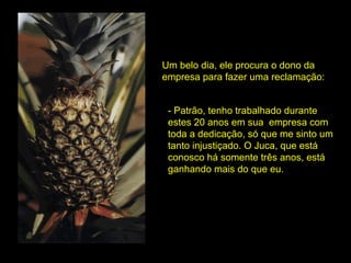 Um belo dia, ele procura o dono da  empresa para fazer uma reclamação: - Patrão, tenho trabalhado durante estes 20 anos em sua  empresa com toda a dedicação, só que me sinto um tanto injustiçado. O Juca, que está conosco há somente três anos, está ganhando mais do que eu. 