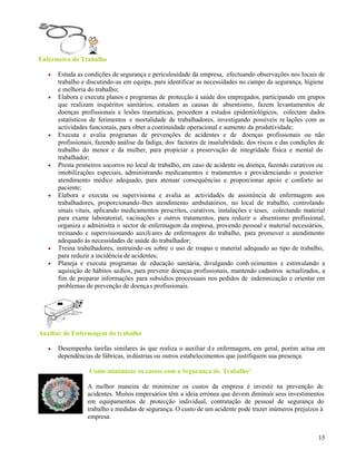 15
Enfermeiro do Trabalho
Estuda as condições de segurança e periculosidade da empresa, efectuando observações nos locais de
trabalho e discutindo-as em equipa, para identificar as necessidades no campo da segurança, higiene
e melhoria do trabalho;
Elabora e executa planos e programas de protecção à saúde dos empregados, participando em grupos
que realizam inquéritos sanitários, estudam as causas de absentismo, fazem levantamentos de
doenças profissionais e lesões traumáticas, procedem a estudos epidemiológicos, colectam dados
estatísticos de ferimentos e mortalidade de trabalhadores, investigando possíveis re lações com as
actividades funcionais, para obter a continuidade operacional e aumento da produtividade;
Executa e avalia programas de prevenções de acidentes e de doenças profissionais ou não
profissionais, fazendo análise da fadiga, dos factores de insalubridade, dos riscos e das condições de
trabalho do menor e da mulher, para propiciar a preservação de integridade física e mental do
trabalhador;
Presta primeiros socorros no local de trabalho, em caso de acidente ou doença, fazendo curativos ou
imobilizações especiais, administrando medicamentos e tratamentos e providenciando o posterior
atendimento médico adequado, para atenuar consequências e proporcionar apoio e conforto ao
paciente;
Elabora e executa ou supervisiona e avalia as actividades de assistência de enfermagem aos
trabalhadores, proporcionando-lhes atendimento ambulatórios, no local de trabalho, controlando
sinais vitais, aplicando medicamentos prescritos, curativos, instalações e teses, colectando material
para exame laboratorial, vacinações e outros tratamentos, para reduzir o absentismo profissional;
organiza e administra o sector de enfermagem da empresa, provendo pessoal e material necessários,
treinando e supervisionando auxiliares de enfermagem do trabalho, para promover o atendimento
adequado às necessidades de saúde do trabalhador;
Treina trabalhadores, instruindo-os sobre o uso de roupas e material adequado ao tipo de trabalho,
para reduzir a incidência de acidentes;
Planeja e executa programas de educação sanitária, divulgando conh ecimentos e estimulando a
aquisição de hábitos sadios, para prevenir doenças profissionais, mantendo cadastros actualizados, a
fim de preparar informações para subsídios processuais nos pedidos de indemnização e orientar em
problemas de prevenção de doenças profissionais.
Auxiliar de Enfermagem do trabalho
Desempenha tarefas similares às que realiza o auxiliar d e enfermagem, em geral, porém actua em
dependências de fábricas, indústrias ou outros estabelecimentos que justifiquem sua presença.
Como minimizar os custos com a Segurança do Trabalho?
A melhor maneira de minimizar os custos da empresa é investir na prevenção de
acidentes. Muitos empresários têm a ideia errónea que devem diminuir seus investimentos
em equipamentos de protecção individual, contratação de pessoal de segurança do
trabalho e medidas de segurança. O custo de um acidente pode trazer inúmeros prejuízos à
empresa.
 