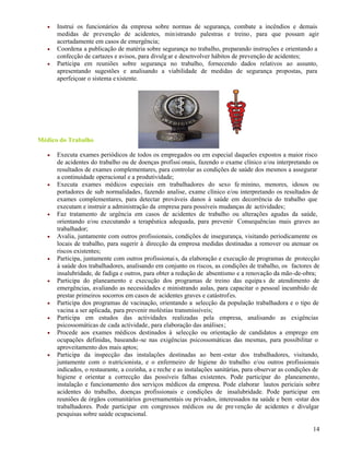 14
 Instrui os funcionários da empresa sobre normas de segurança, combate a incêndios e demais
medidas de prevenção de acidentes, ministrando palestras e treino, para que possam agir
acertadamente em casos de emergência;
 Coordena a publicação de matéria sobre segurança no trabalho, preparando instruções e orientando a
confecção de cartazes e avisos, para divulgar e desenvolver hábitos de prevenção de acidentes;
 Participa em reuniões sobre segurança no trabalho, fornecendo dados relativos ao assunto,
apresentando sugestões e analisando a viabilidade de medidas de segurança propostas, para
aperfeiçoar o sistema existente.
Médico do Trabalho
 Executa exames periódicos de todos os empregados ou em especial daqueles expostos a maior risco
de acidentes do trabalho ou de doenças profissi onais, fazendo o exame clínico e/ou interpretando os
resultados de exames complementares, para controlar as condições de saúde dos mesmos a assegurar
a continuidade operacional e a produtividade;
 Executa exames médicos especiais em trabalhadores do sexo fe minino, menores, idosos ou
portadores de sub normalidades, fazendo analise, exame clínico e/ou interpretando os resultados de
exames complementares, para detectar prováveis danos à saúde em decorrência do trabalho que
executam e instruir a administração da empresa para possíveis mudanças de actividades;
 Faz tratamento de urgência em casos de acidentes de trabalho ou alterações agudas da saúde,
orientando e/ou executando a terapêutica adequada, para prevenir Consequências mais graves ao
trabalhador;
 Avalia, juntamente com outros profissionais, condições de insegurança, visitando periodicamente os
locais de trabalho, para sugerir à direcção da empresa medidas destinadas a remover ou atenuar os
riscos existentes;
 Participa, juntamente com outros profissionais, da elaboração e execução de programas de protecção
à saúde dos trabalhadores, analisando em conjunto os riscos, as condições de trabalho, os factores de
insalubridade, de fadiga e outros, para obter a redução de absentismo e a renovação da mão-de-obra;
 Participa do planeamento e execução dos programas de treino das equipa s de atendimento de
emergências, avaliando as necessidades e ministrando aulas, para capacitar o pessoal incumbido de
prestar primeiros socorros em casos de acidentes graves e catástrofes.
 Participa dos programas de vacinação, orientando a selecção da população trabalhadora e o tipo de
vacina a ser aplicada, para prevenir moléstias transmissíveis;
 Participa em estudos das actividades realizadas pela empresa, analisando as exigências
psicossomáticas de cada actividade, para elaboração das análises;
 Procede aos exames médicos destinados à selecção ou orientação de candidatos a emprego em
ocupações definidas, baseando-se nas exigências psicossomáticas das mesmas, para possibilitar o
aproveitamento dos mais aptos;
 Participa da inspecção das instalações destinadas ao bem -estar dos trabalhadores, visitando,
juntamente com o nutricionista, e o enfermeiro de higiene do trabalho e/ou outros profissionais
indicados, o restaurante, a cozinha, a c reche e as instalações sanitárias, para observar as condições de
higiene e orientar a correcção das possíveis falhas existentes. Pode participar do planeamento,
instalação e funcionamento dos serviços médicos da empresa. Pode elaborar lautos periciais sobre
acidentes do trabalho, doenças profissionais e condições de insalubridade. Pode participar em
reuniões de órgãos comunitários governamentais ou privados, interessados na saúde e bem -estar dos
trabalhadores. Pode participar em congressos médicos ou de prevenção de acidentes e divulgar
pesquisas sobre saúde ocupacional.
 