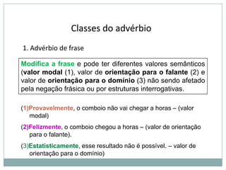 Classes do advérbio
1. Advérbio de frase
Modifica a frase e pode ter diferentes valores semânticos
(valor modal (1), valor de orientação para o falante (2) e
valor de orientação para o domínio (3) não sendo afetado
pela negação frásica ou por estruturas interrogativas.
(1)Provavelmente, o comboio não vai chegar a horas – (valor
modal)
(2)Felizmente, o comboio chegou a horas – (valor de orientação
para o falante).
(3)Estatisticamente, esse resultado não é possível. – valor de
orientação para o domínio)

 
