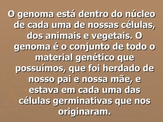 O genoma está dentro do núcleo de cada uma de nossas células, dos animais e vegetais. O genoma é o conjunto de todo o material genético que possuímos, que foi herdado de nosso pai e nossa mãe, e estava em cada uma das células germinativas que nos originaram. 