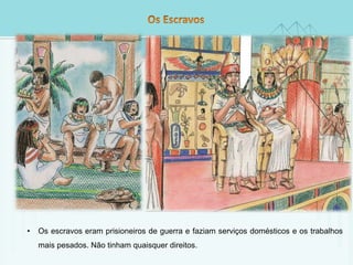 • Os escravos eram prisioneiros de guerra e faziam serviços domésticos e os trabalhos 
mais pesados. Não tinham quaisquer direitos. 
 