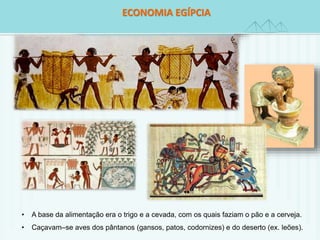 ECONOMIA EGÍPCIA 
• A base da alimentação era o trigo e a cevada, com os quais faziam o pão e a cerveja. 
• Caçavam–se aves dos pântanos (gansos, patos, codornizes) e do deserto (ex. leões). 
 