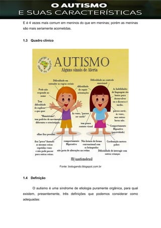 ]
E é 4 vezes mais comum em meninos do que em meninas; porém as meninas
são mais seriamente acometidas.
1.3 Quadro clínico
Fonte: biolugando.blogspot.com.br
1.4 Definição
O autismo é uma síndrome de etiologia puramente orgânica, para qual
existem, presentemente, três definições que podemos considerar como
adequadas:
 