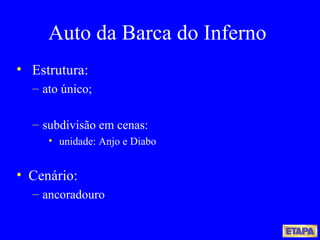 Auto da Barca do Inferno Estrutura: ato único; subdivisão em cenas: unidade: Anjo e Diabo Cenário:  ancoradouro 