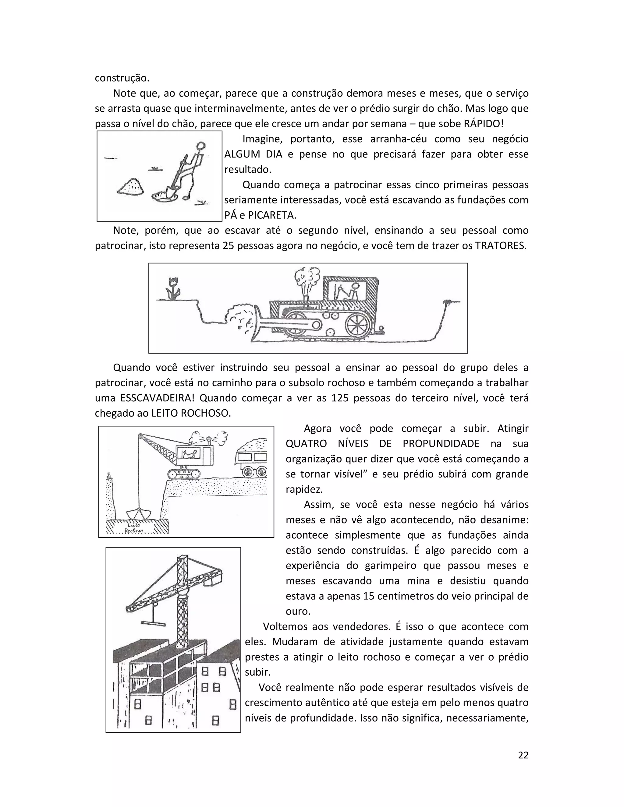 22
construção.
Note que, ao começar, parece que a construção demora meses e meses, que o serviço
se arrasta quase que interminavelmente, antes de ver o prédio surgir do chão. Mas logo que
passa o nível do chão, parece que ele cresce um andar por semana – que sobe RÁPIDO!
Imagine, portanto, esse arranha-céu como seu negócio
ALGUM DIA e pense no que precisará fazer para obter esse
resultado.
Quando começa a patrocinar essas cinco primeiras pessoas
seriamente interessadas, você está escavando as fundações com
PÁ e PICARETA.
Note, porém, que ao escavar até o segundo nível, ensinando a seu pessoal como
patrocinar, isto representa 25 pessoas agora no negócio, e você tem de trazer os TRATORES.
Quando você estiver instruindo seu pessoal a ensinar ao pessoaI do grupo deles a
patrocinar, você está no caminho para o subsolo rochoso e também começando a trabalhar
uma ESSCAVADEIRA! Quando começar a ver as 125 pessoas do terceiro nível, você terá
chegado ao LEITO ROCHOSO.
Agora você pode começar a subir. Atingir
QUATRO NÍVEIS DE PROPUNDIDADE na sua
organização quer dizer que você está começando a
se tornar visível” e seu prédio subirá com grande
rapidez.
Assim, se você esta nesse negócio há vários
meses e não vê algo acontecendo, não desanime:
acontece simplesmente que as fundações ainda
estão sendo construídas. É algo parecido com a
experiência do garimpeiro que passou meses e
meses escavando uma mina e desistiu quando
estava a apenas 15 centímetros do veio principal de
ouro.
Voltemos aos vendedores. É isso o que acontece com
eles. Mudaram de atividade justamente quando estavam
prestes a atingir o leito rochoso e começar a ver o prédio
subir.
Você realmente não pode esperar resultados visíveis de
crescimento autêntico até que esteja em pelo menos quatro
níveis de profundidade. Isso não significa, necessariamente,
 
