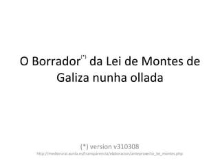 O Borrador (*)  da Lei de Montes de Galiza nunha ollada (*) version v310308  http://mediorural.xunta.es/transparencia/elaboracion/anteproxecto_lei_montes.php 