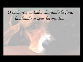 O cachorro, coitado, chorando lá fora, lambendo os seus ferimentos.  