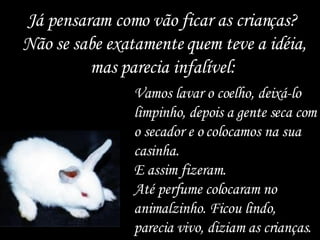 Já pensaram como vão ficar as crianças?  Não se sabe exatamente quem teve a idéia, mas parecia infalível:  Vamos lavar o coelho, deixá-lo limpinho, depois a gente seca com o secador e o colocamos na sua casinha.  E assim fizeram.  Até perfume colocaram no animalzinho. Ficou lindo, parecia vivo, diziam as crianças.  