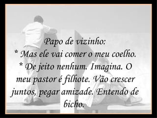 Papo de vizinho: * Mas ele vai comer o meu coelho. * De jeito nenhum. Imagina. O meu pastor é filhote. Vão crescer juntos, pegar amizade. Entendo de bicho.  