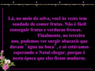 Lá, no meio da selva, você às vezes tem saudade de comer frutas. Não é fácil conseguir frutas e verduras frescas.  Finalmente, no terceiro ano, pudemos ver surgir abacaxis que davam "água na boca", e só estávamos esperando o Natal chegar, porque é nesta época que eles ficam maduros. 