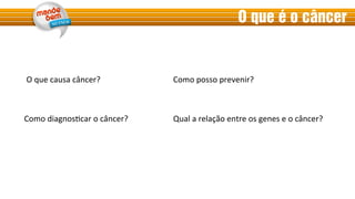 O que é o câncer
O	
  que	
  causa	
  câncer?	
   Como	
  posso	
  prevenir?	
  
Qual	
  a	
  relação	
  entre	
  os	
  genes	
  e	
  o	
  câncer?	
  Como	
  diagnos:car	
  o	
  câncer?	
  
 