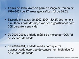 A taxa de sobrevivência para o espaço de tempo de 1996-2003 de 17 areas geográficas foi de 64.0% Baseado em taxas de 2002-2004, 5.42% dos homens e mulheres nascidos hoje vão ser dignosticados com CCR durante a sua vida De 2000-2004, a idade média de morte por CCR foi de 75 anos de idade De 2000-2004, a idade média com que foi diagnosticado este tipo de cancro num individuo foi de 71 anos de idade   Dados retirados do programa SEER do Nacional Cancer Institute 