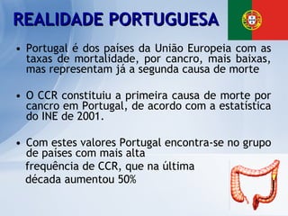 Portugal é dos países da União Europeia com as taxas de mortalidade, por cancro, mais baixas, mas representam já a segunda causa de morte O CCR constituiu a primeira causa de morte por cancro em Portugal, de acordo com a estatística do INE de 2001.  Com estes valores Portugal encontra-se no grupo de países com mais alta  frequência de CCR, que na última  década aumentou 50%  REALIDADE PORTUGUESA 