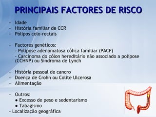 PRINCIPAIS FACTORES DE RISCO Idade  História familiar de CCR Pólipos colo-rectais Factores genéticos: - Polipose adenomatosa cólica familiar (PACF) - Carcinoma do cólon hereditário não associado a polipose (CCHNP) ou Síndroma de Lynch História pessoal de cancro Doença de Crohn ou Colite Ulcerosa Alimentação Outros: ●  Excesso de peso e sedentarismo  ●  Tabagismo - Localização geográfica 