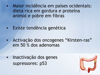 Maior incidência em países ocidentais: dieta rica em gordura e proteína animal e pobre em fibras Existe tendência genética Activação dos oncogenes “Kirsten-ras” em 50 % dos adenomas Inactivação dos genes  supressores: p53 