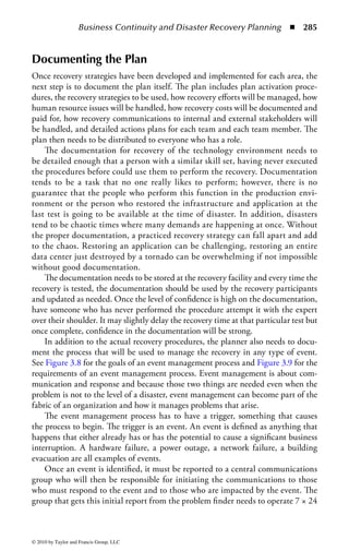 BIA Form
                                                                                                                                        Recovery
                                                                                                                                          Time
      Functional         Function                         Risk        Time before     Customer    Regulatory     Financial    Rating    Sensitivity




                                                                                                                                                                   Business Continuity and Disaster Recovery Planning ◾ 279
        Area              Name            Mailzone        Code           Impact         Impact      Impact        Impact      Total       Code        Alt. site
                                                     F = Financial 0 = week 2 or     0 = none    0 = none      0 = none     Sum of 1
                                                     C = Customer more               1 = Low     1 = Low       1 = 0 to 10K through 4
                                                     R = Regulatory 1 = week 1       3 = Med     3 = Med       2 = 10K
                                                                    5 = up to        5 = High    5 = High      but  100K
                                                                    three days                                 3 = 100K
                                                                    10 = day 1                                 but 500K
                                                                    20 = 4 hours                               4 =  500K
                                                                    40 = immediate                             but  1 Mil
                                                                                                               5 =  1 Mil
      Customer         Call center          Z 45     CF           40                5           1             3               49         AAA         Surviving
      service                                                                                                                                         sites then
                                                                                                                                                      Smith
                                                                                                                                                      Road
      Customer         Customer             Z 37     C             1                 3           0             0                4         D           Work
      service          account                                                                                                                        from
                       maint                                                                                                                          Home
      Customer         Customer             Z 38     CFR         10                3           3             4              20          A           Smith
      service          monetrary                                                                                                                      Road




     Figure 3.6         Sample BIA form.



© 2010 by Taylor and Francis Group, LLC
 